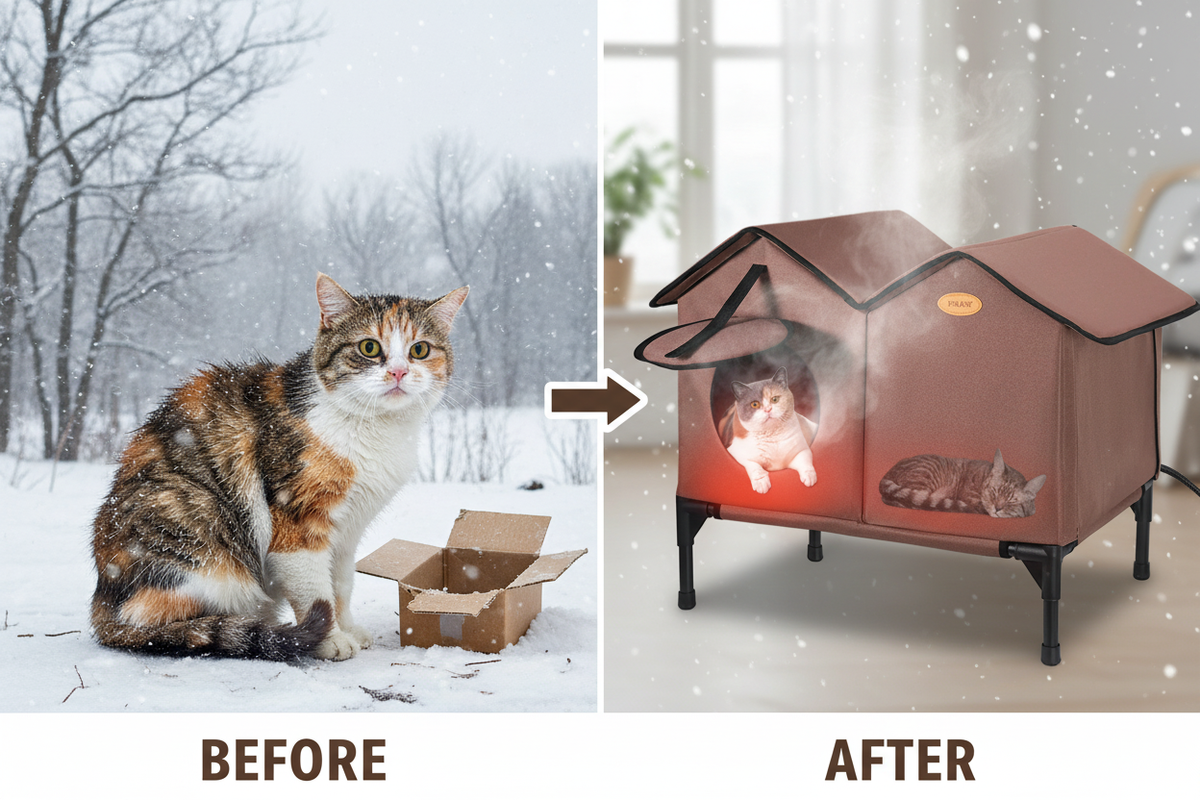 Calico cat before and after with heated outdoor shelter