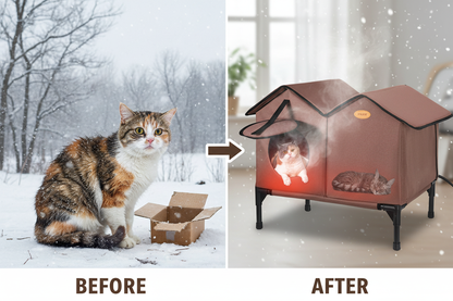 Calico cat before and after with heated outdoor shelter