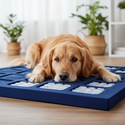 Dog lying on CoolerDog hydro cooling mat with ice sheets cool comfortable