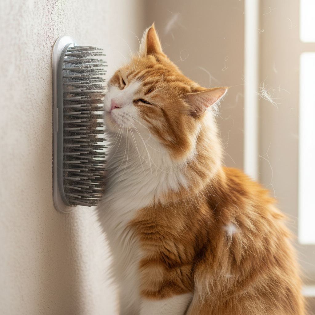 Long-haired cat scratching grooming on wall scratcher removing loose fur