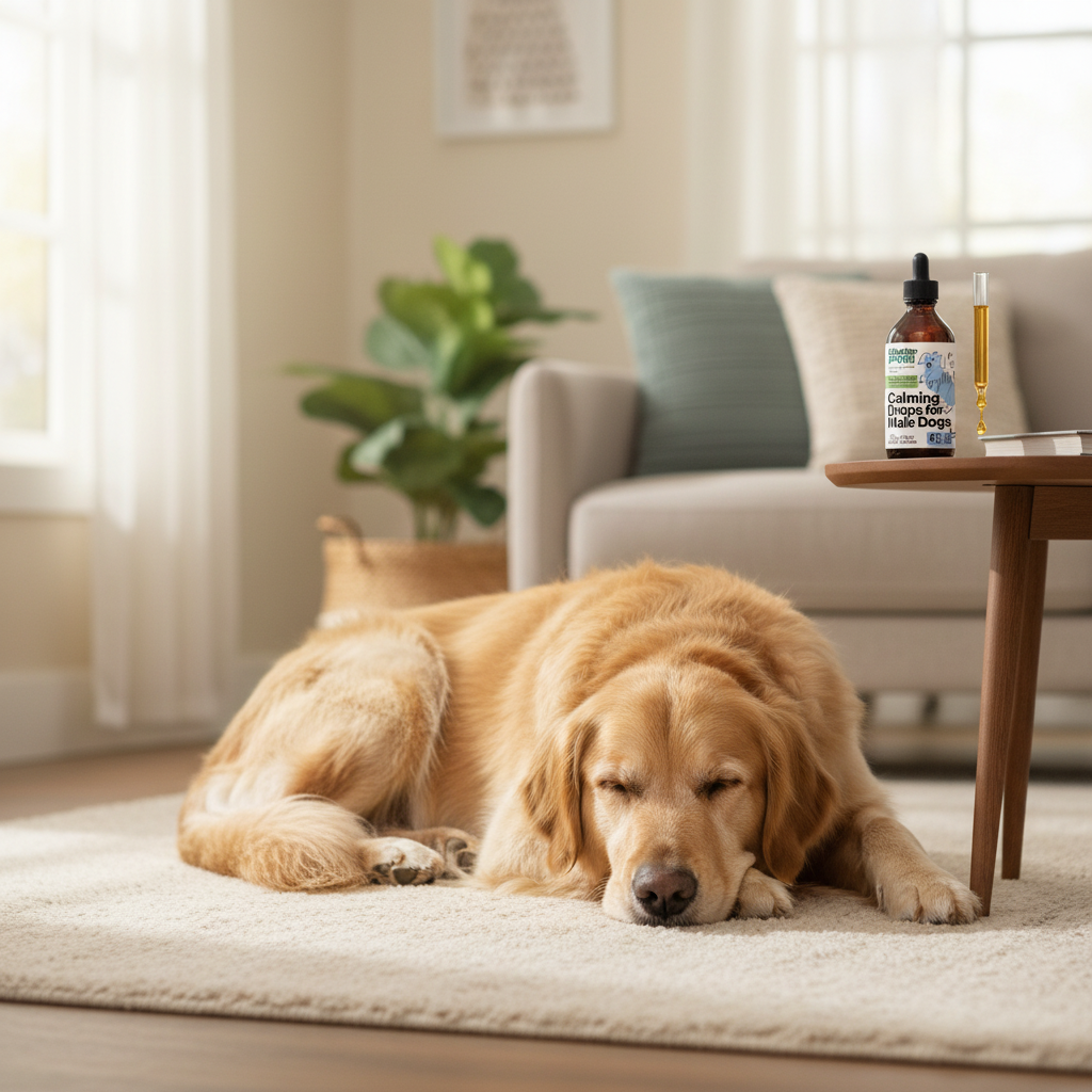 Calm relaxed male dog resting peacefully after calming drops