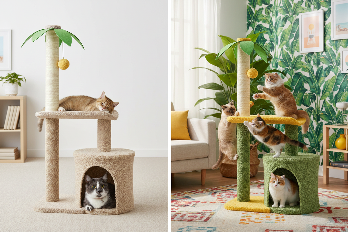 Before and after: boring cat tree vs tropical palm cat tree