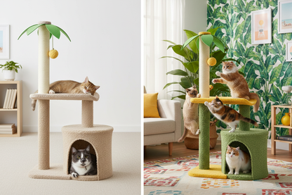 Before and after: boring cat tree vs tropical palm cat tree