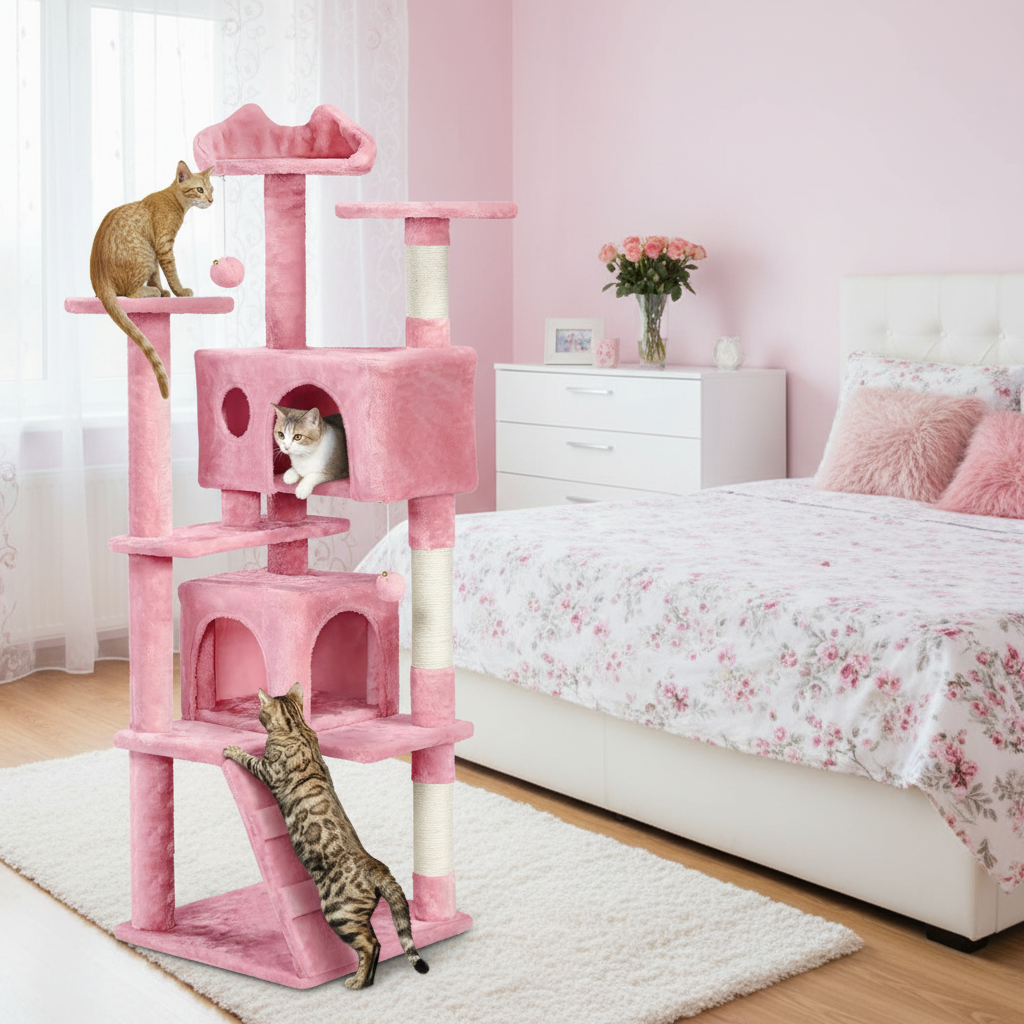 Multiple cats using 62-inch pink cat tree with double condos