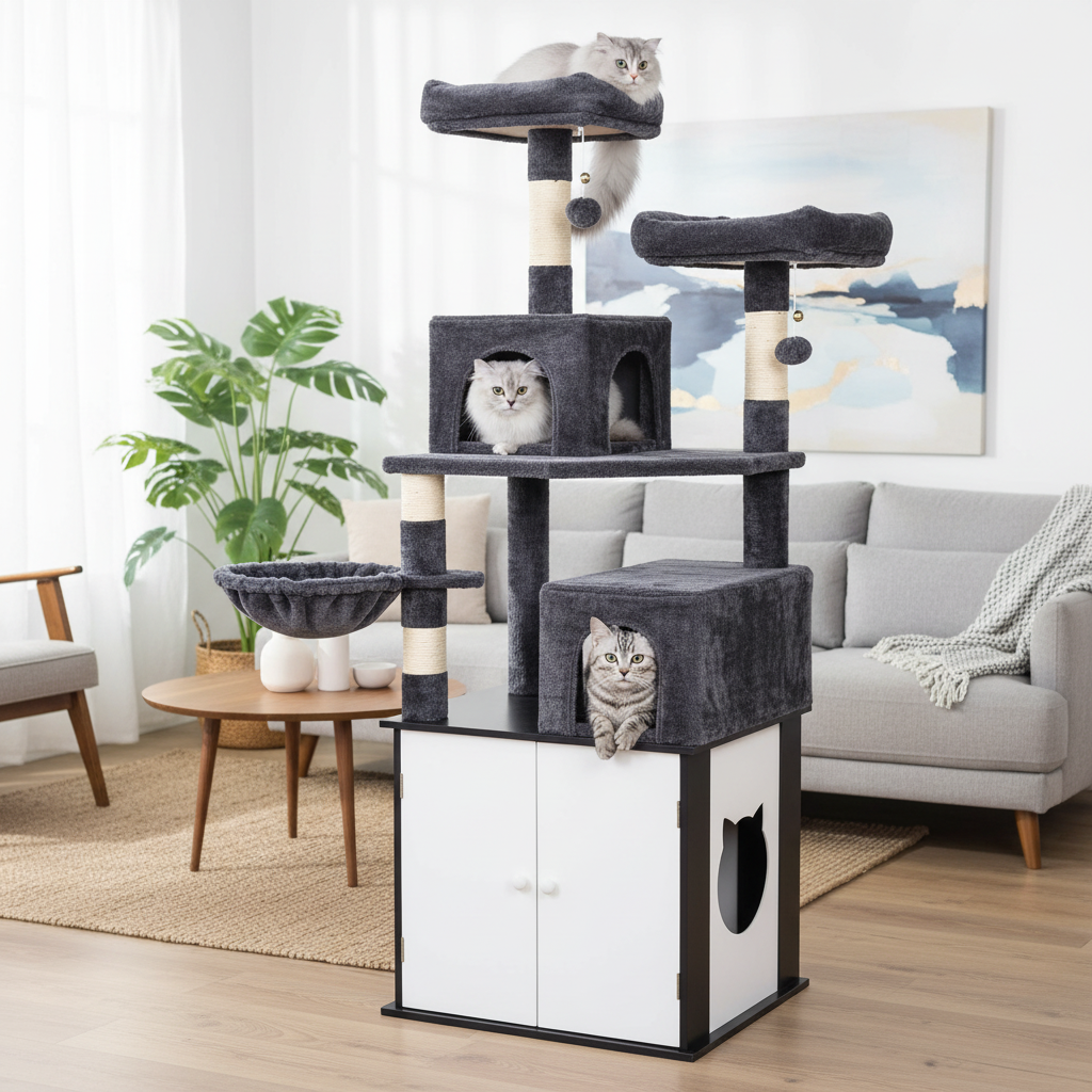 Modern cat tree with hidden litter box enclosure