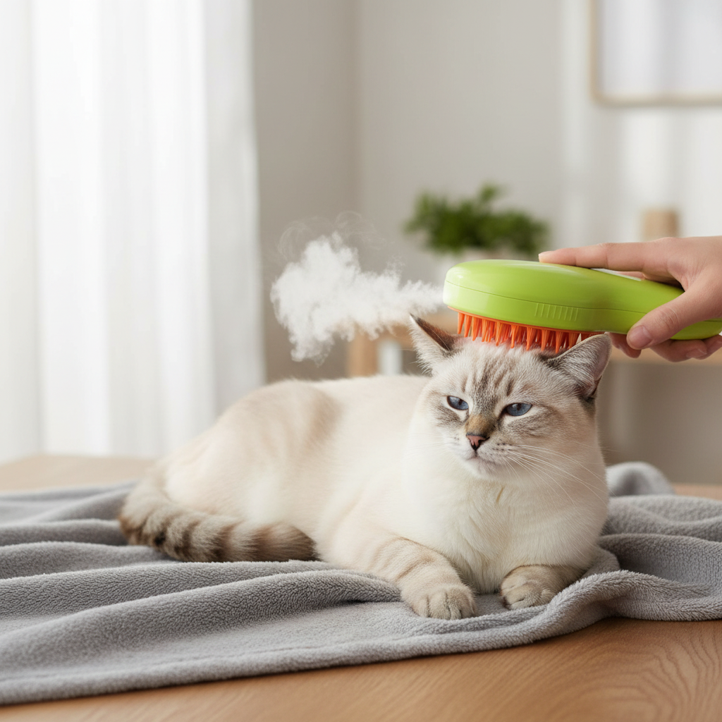 Siamese cat being groomed with steam brush relaxed enjoying massage