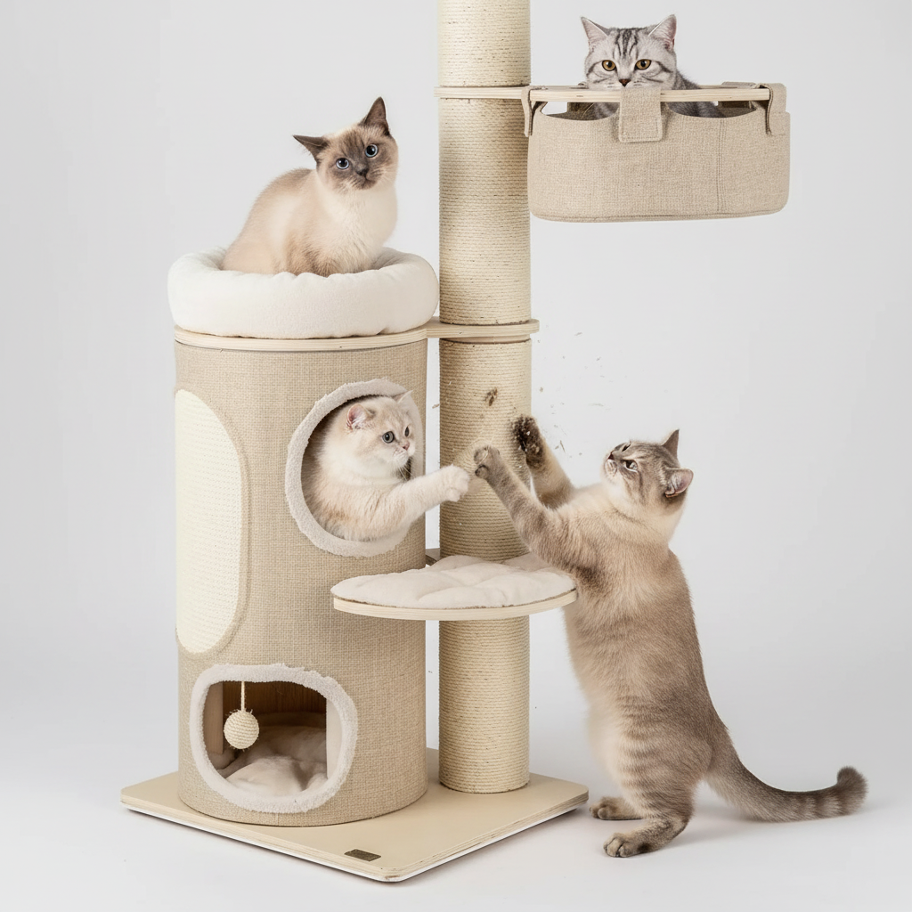Cats playing on luxury wooden cat tower with basket