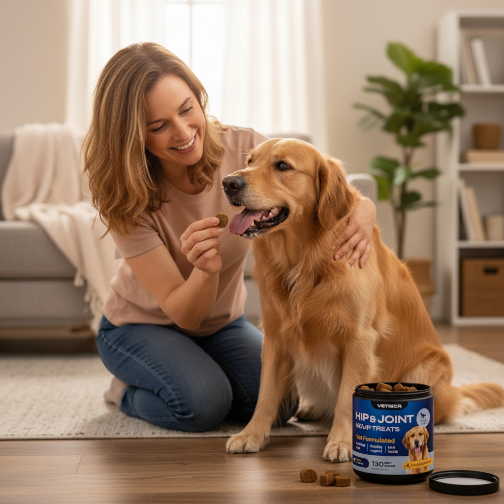 Owner giving dog delicious duck flavored glucosamine joint chew