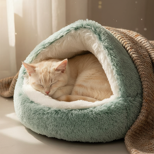 Small cat curled up sleeping in cozy semi-closed plush pet bed comfortable secure