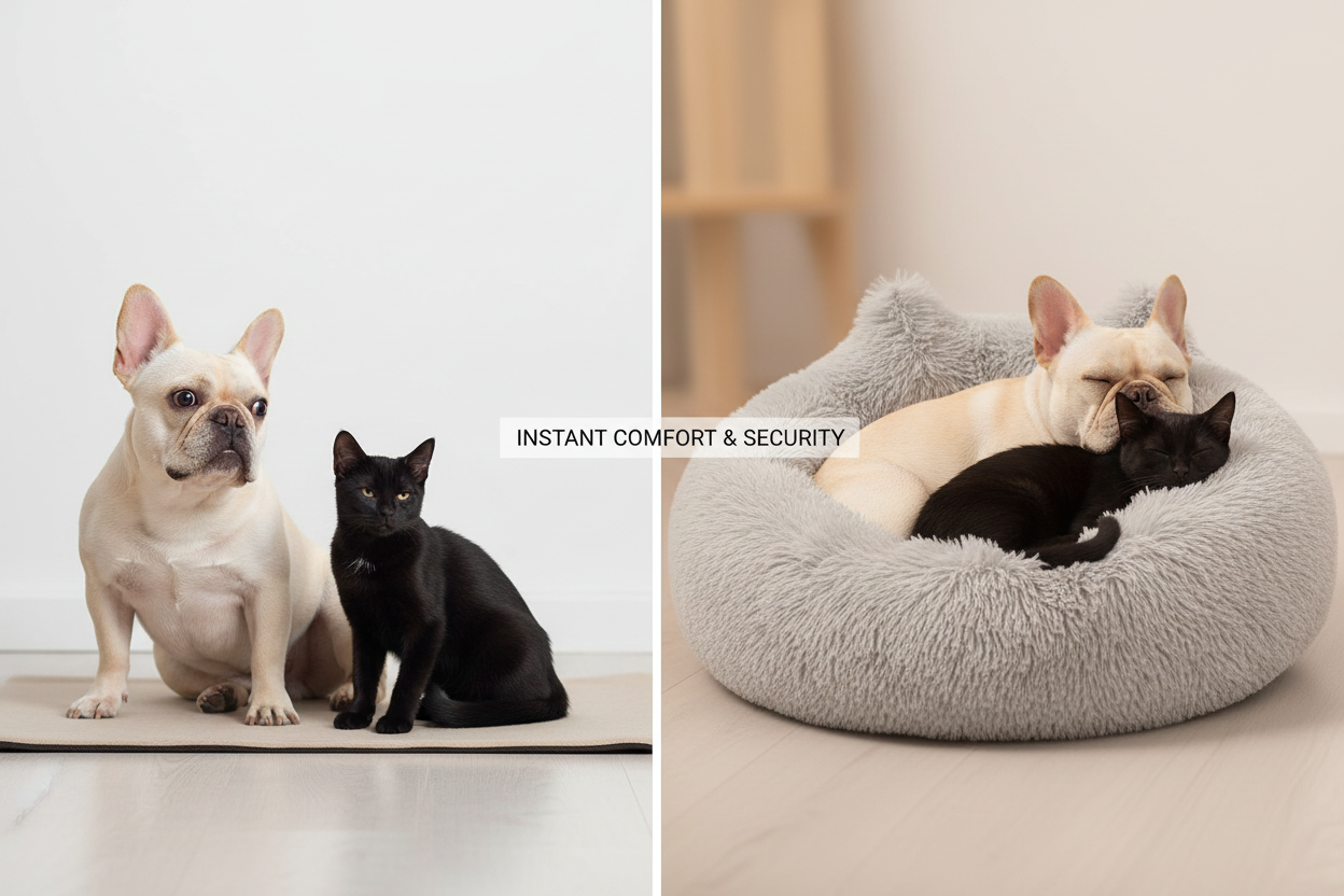 Before and after: anxious pets transformed by calming bed