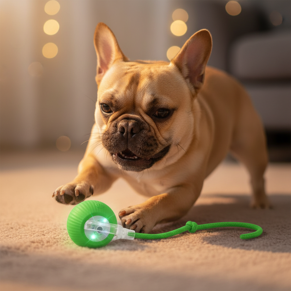French Bulldog engaged with smart rolling pet ball
