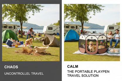 Before and after: loose pets vs safe in portable playpen