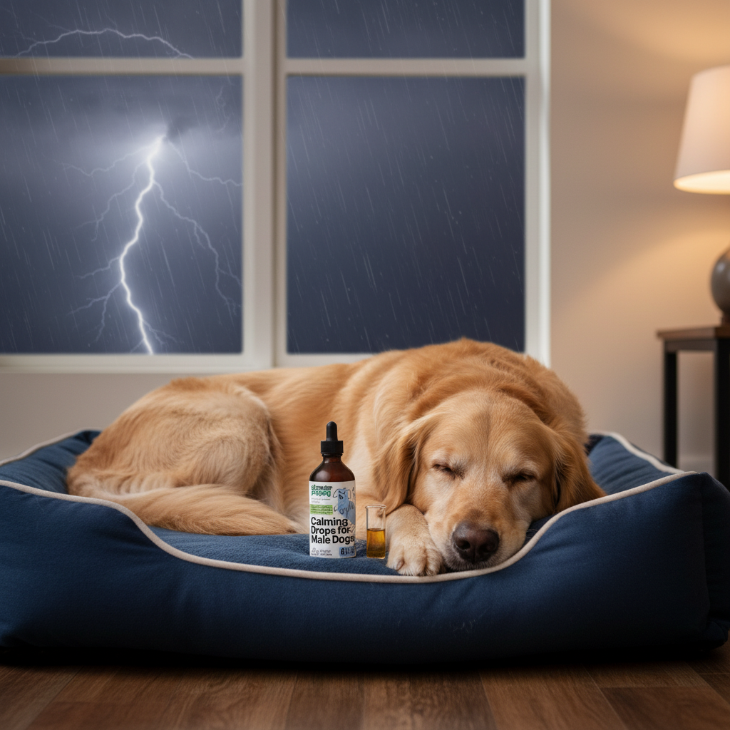 Male dog staying calm during fireworks with ashwagandha calming drops