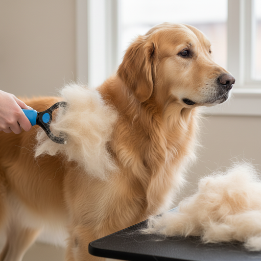 Golden Retriever having loose undercoat fur removed with deshedding brush