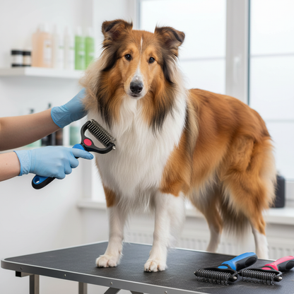Collie being groomed with dual-sided brush showing both sides versatile