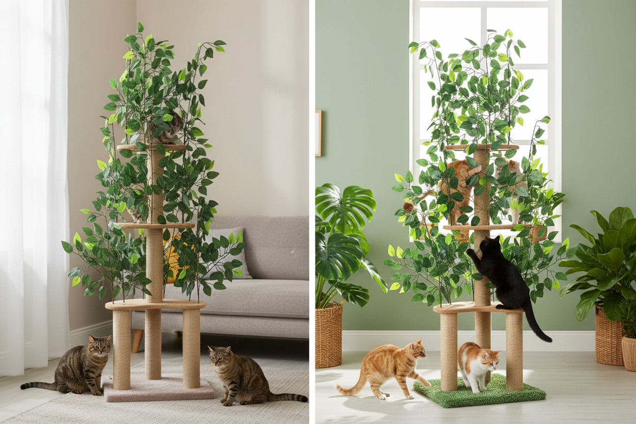 Before and after: boring cat tree vs beautiful green leaf cat tree