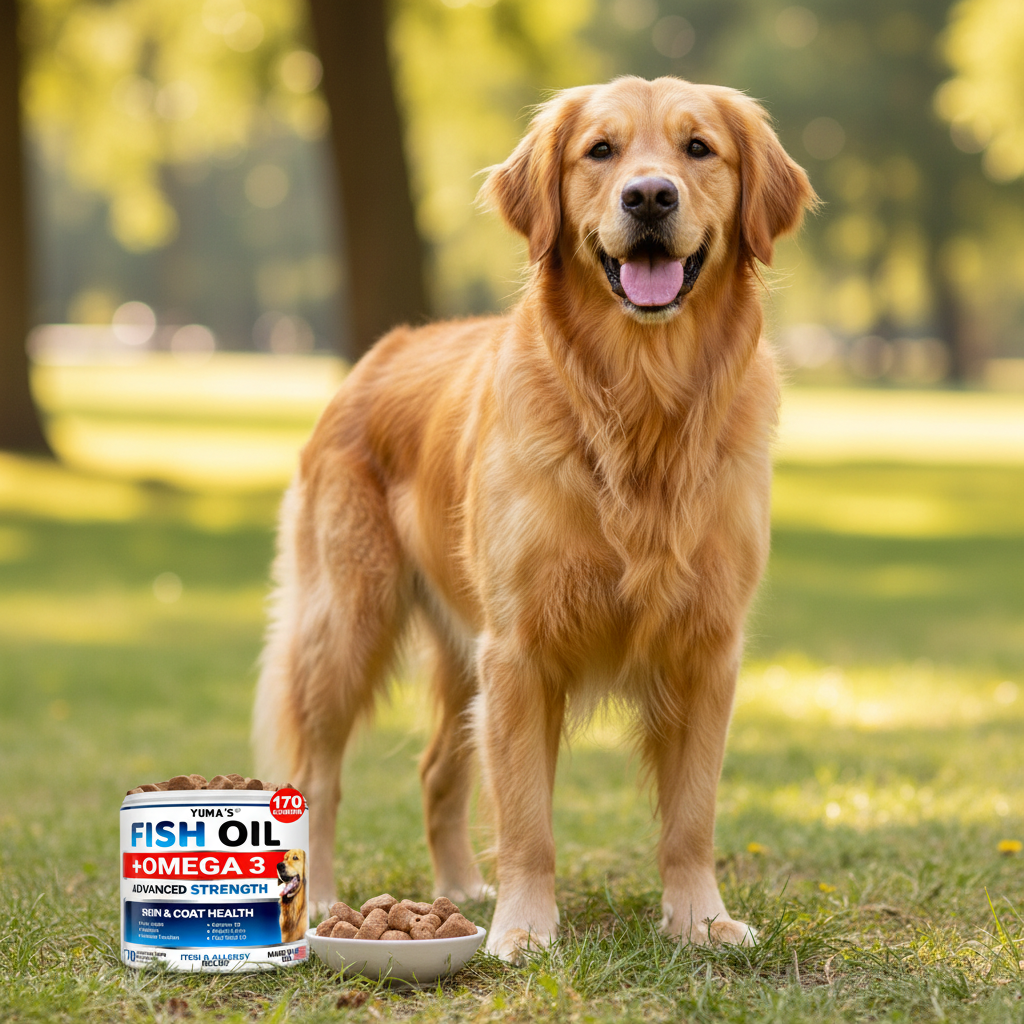Beautiful dog with shiny healthy coat from Omega-3 fish oil supplement