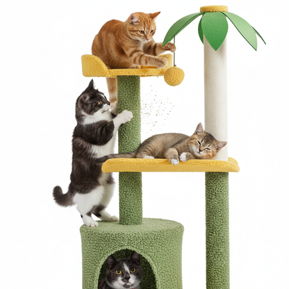 Cats playing on tropical coconut palm cat tower