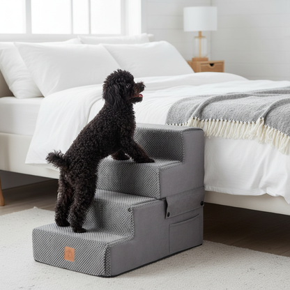 Small dog using 4-step stairs to climb onto high bed