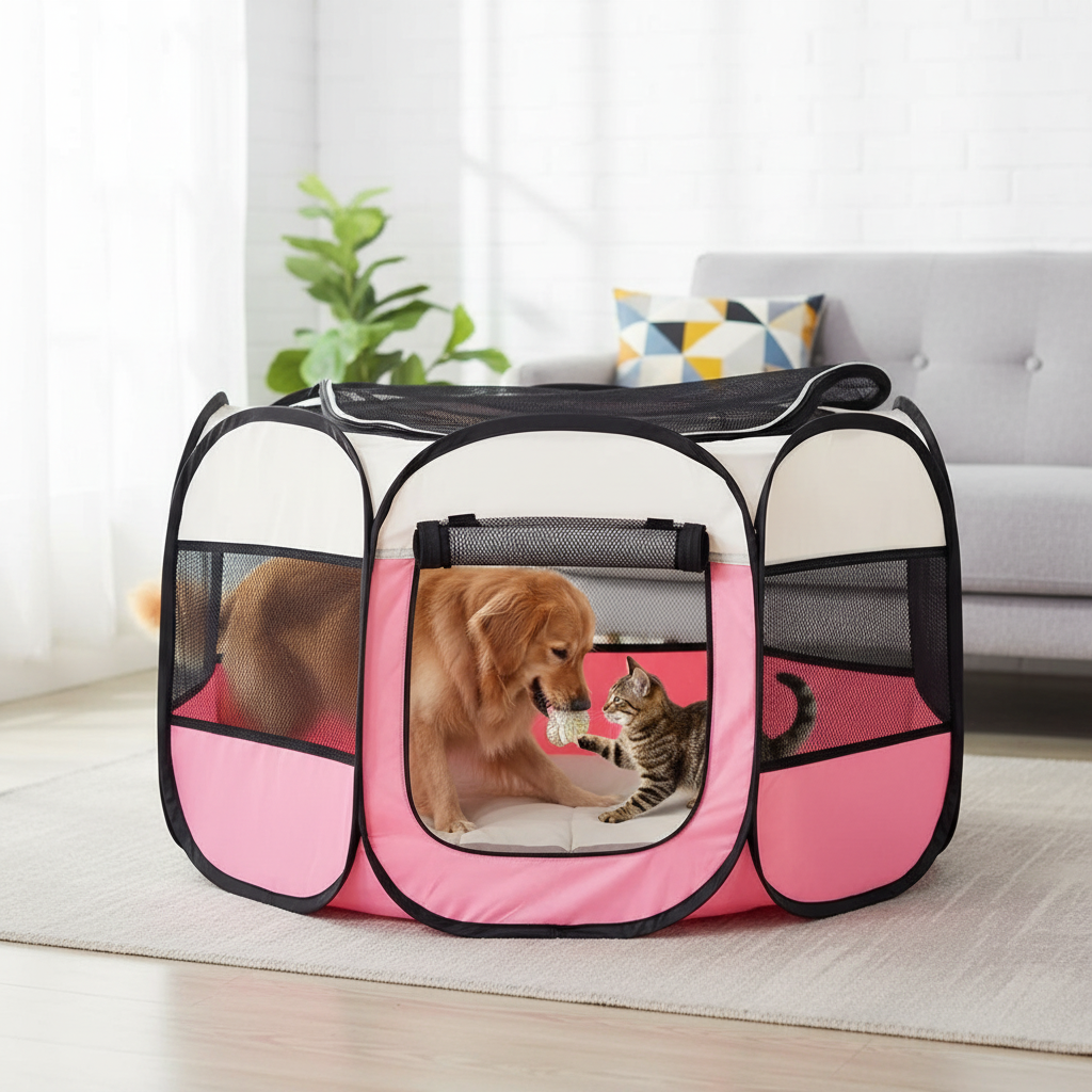 Medium dog and cat playing in 29x29 inch portable playpen