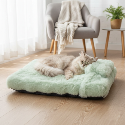 Tabby cat curled up on green calming bed with pillow