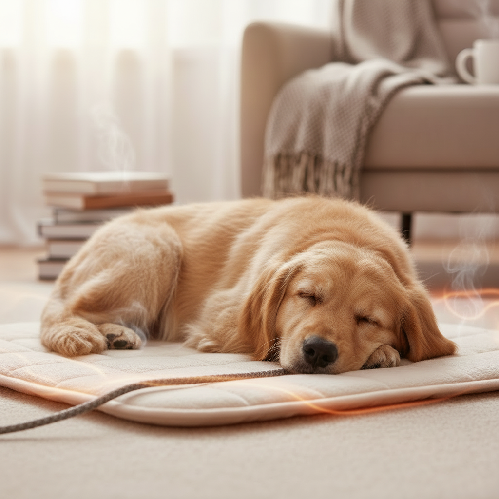 Senior dog relaxing on pet heating pad