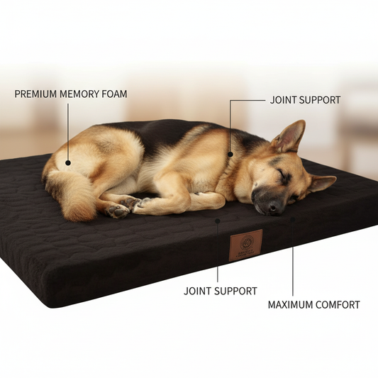 Dog sleeping comfortably on black AKC memory foam mat