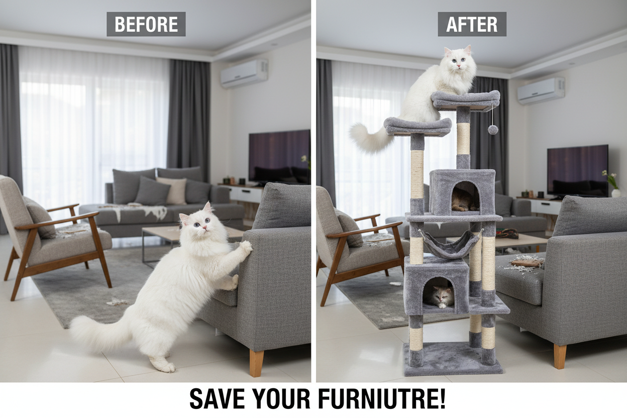 Turkish Angora before and after with 68-inch cat tree
