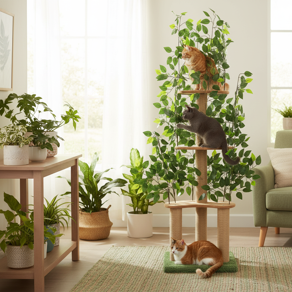 Cats climbing green cat tree with realistic banyan leaves