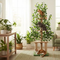 Cats climbing green cat tree with realistic banyan leaves