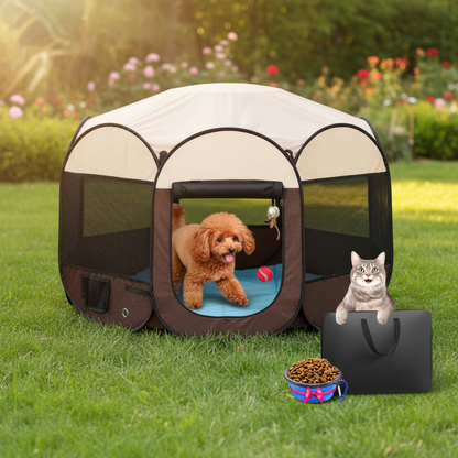 Pets protected from sun under removable shade cover in playpen
