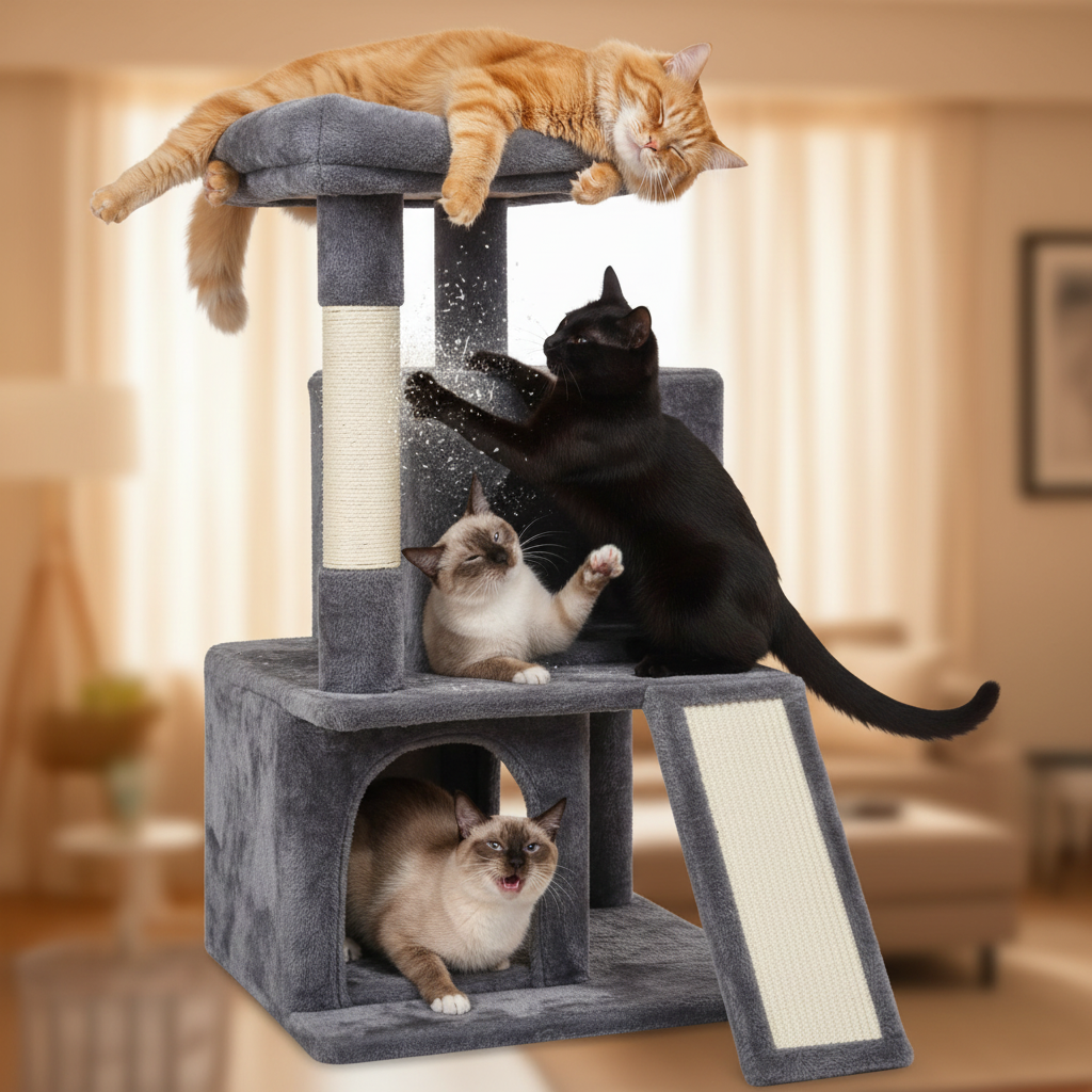Cats playing on cat tower with oversized perch and scratching posts