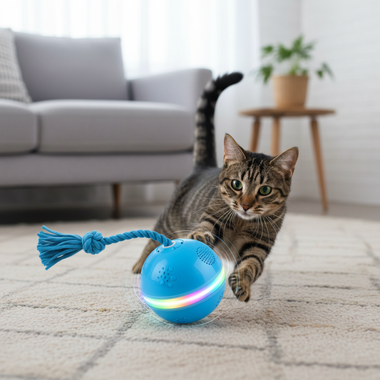 Tabby cat chasing USB rechargeable interactive ball with bird sounds