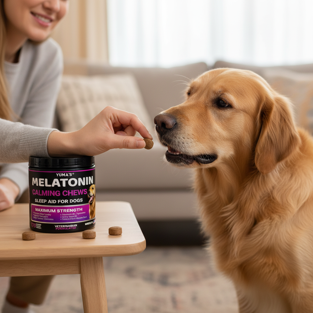 Person giving calming chews to anxious dog easy administration stress management