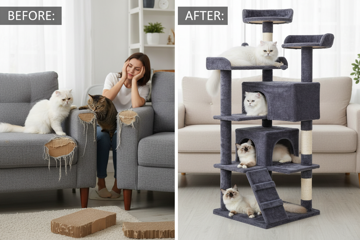 Before and after: bored cats vs happy on grey cat tree