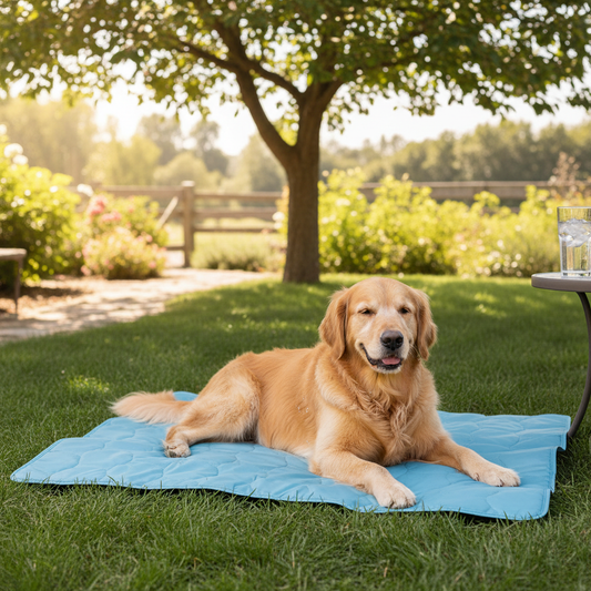 Golden Retriever on cooling blanket outdoors shade heat protection