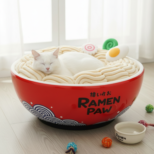 White cat resting in large ramen bowl bed fun unique design playful