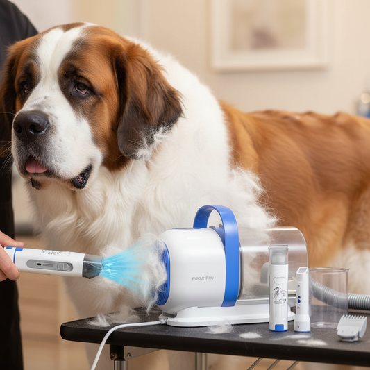 Saint Bernard grooming with Fukumaru pet vacuum and nail grinder