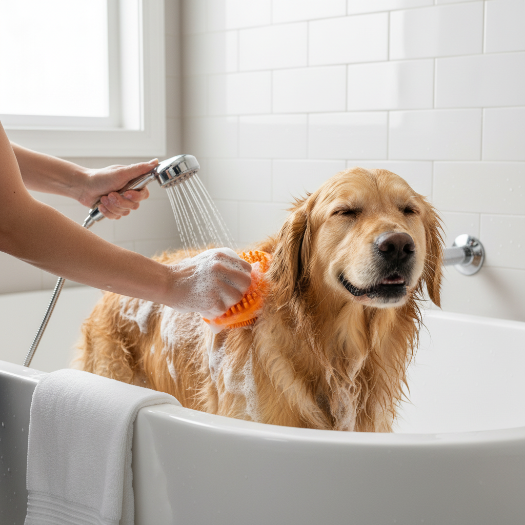 Owner bathing dog with rubber bristle massage brush creating lather