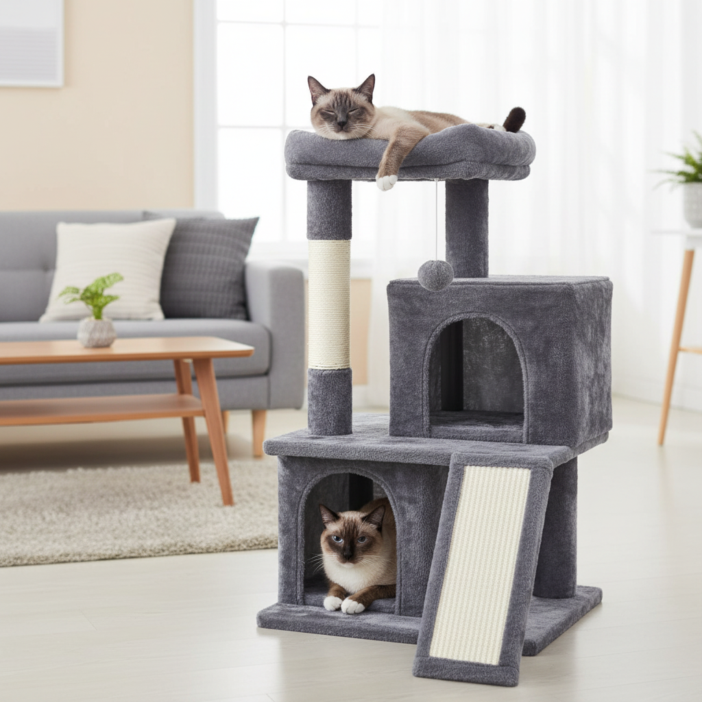 Large cat lounging on 36-inch cat tree with extra-large perch