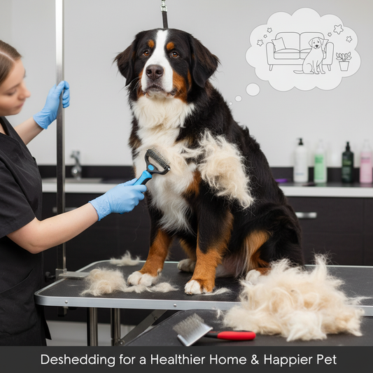 Large dog being groomed with undercoat rake removing loose fur