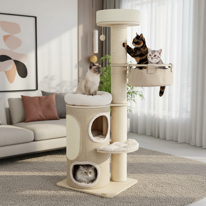 Multiple cats using 61-inch premium wooden cat tree