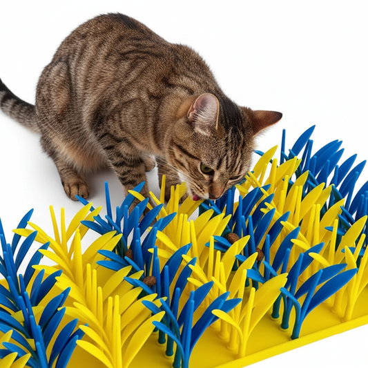 Cat eating slowly from silicone grass mat slow feeder controlled pace