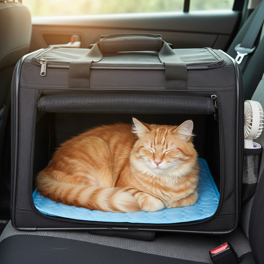 Cat resting on portable cooling pad in carrier travel staying cool