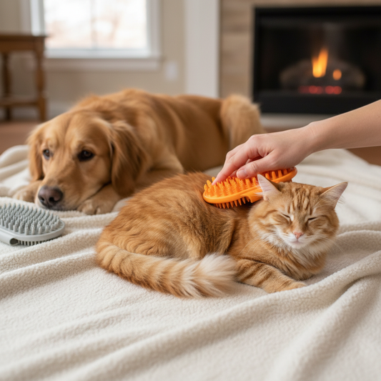 Cat enjoying soothing massage with rubber curry comb brush relaxed