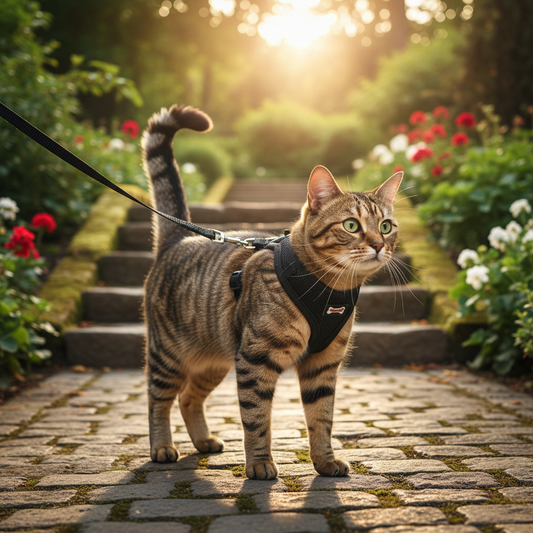 Tabby cat wearing anti-skidding mesh harness outdoors on walk comfortable secure