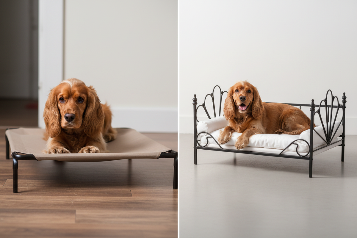 Cocker Spaniel before and after on metal frame sofa