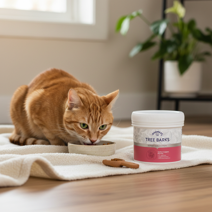 Cat recovering from illness eating comfortably improved digestive health