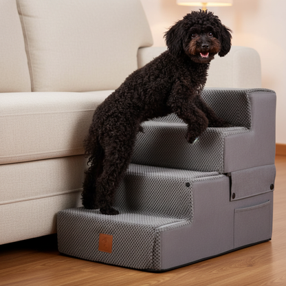Old dog safely climbing non-slip pet stairs to couch