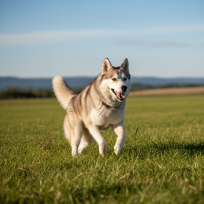Happy Husky running with improved mobility from hip joint supplement